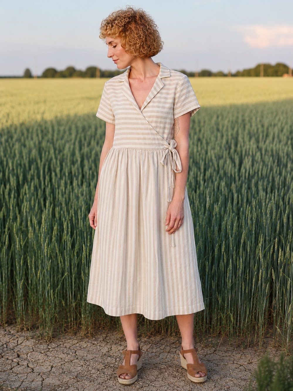 OFFON Cream Beige Striped Linen Midi Wrap Dress 
Adjustable Tie Belt 
Approx. S
